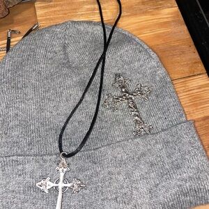 Gray Beanie with Cross Pendant